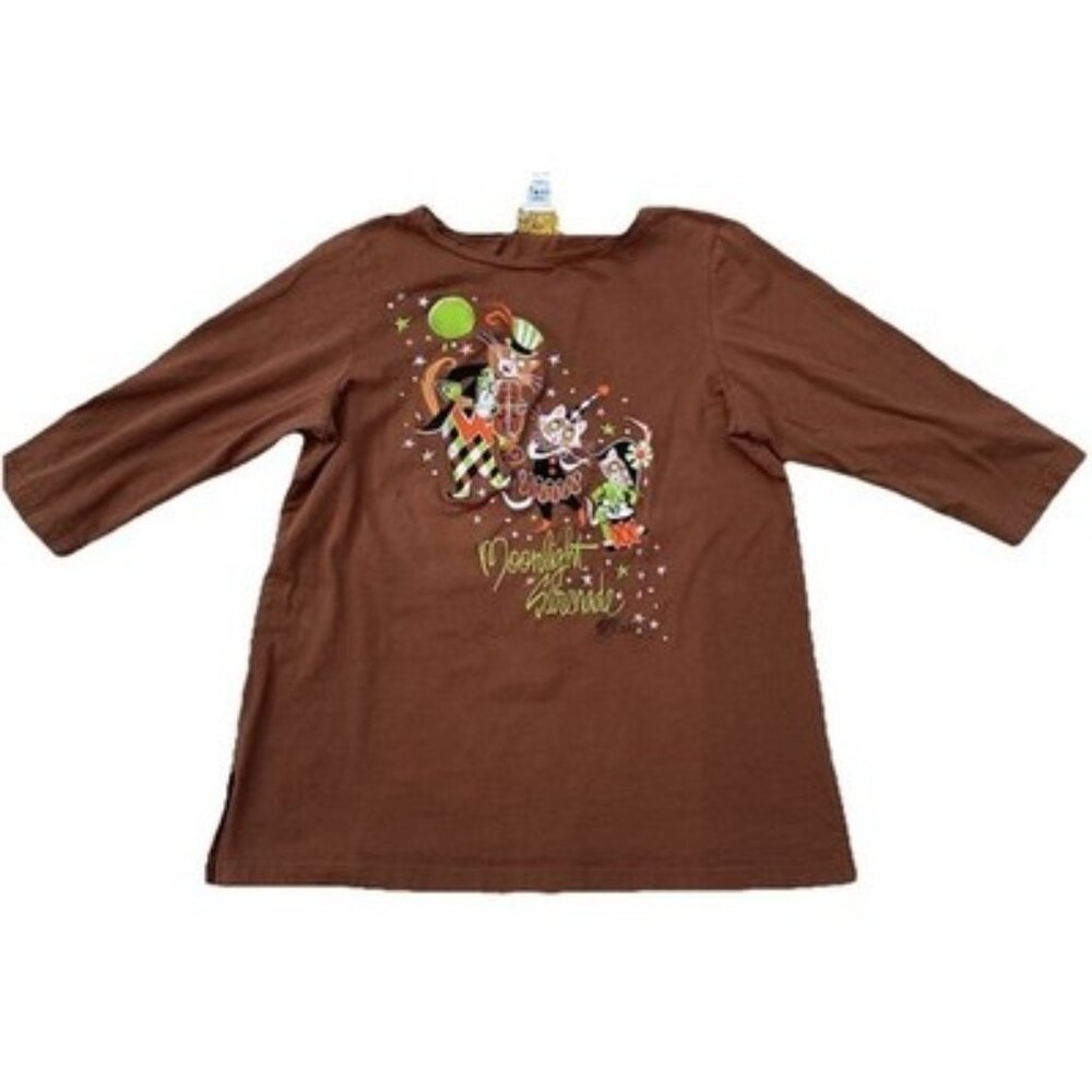Bob Mackie Wearable Art Shirt Women Large Moonlight Serenade Brown 3/4” Sleeve